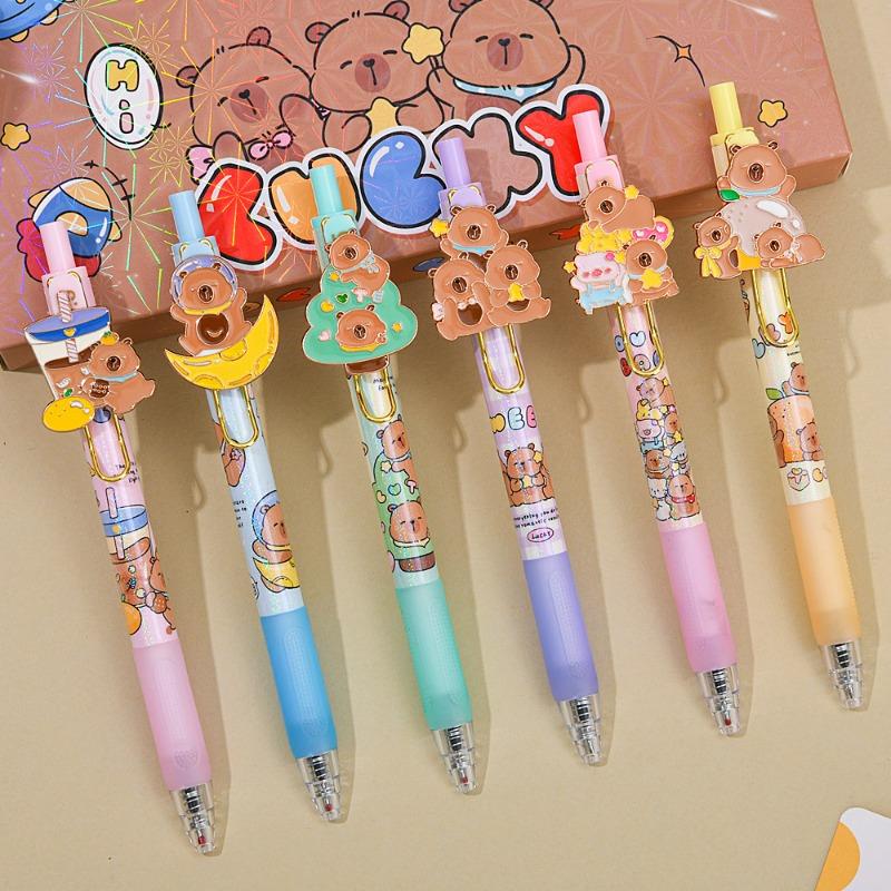 6Pcs Cute Capybara Erasable Neutral Pen 0.5mm Kawaii Cartoon Writing Stationery Student School Office Supplies Gifts
