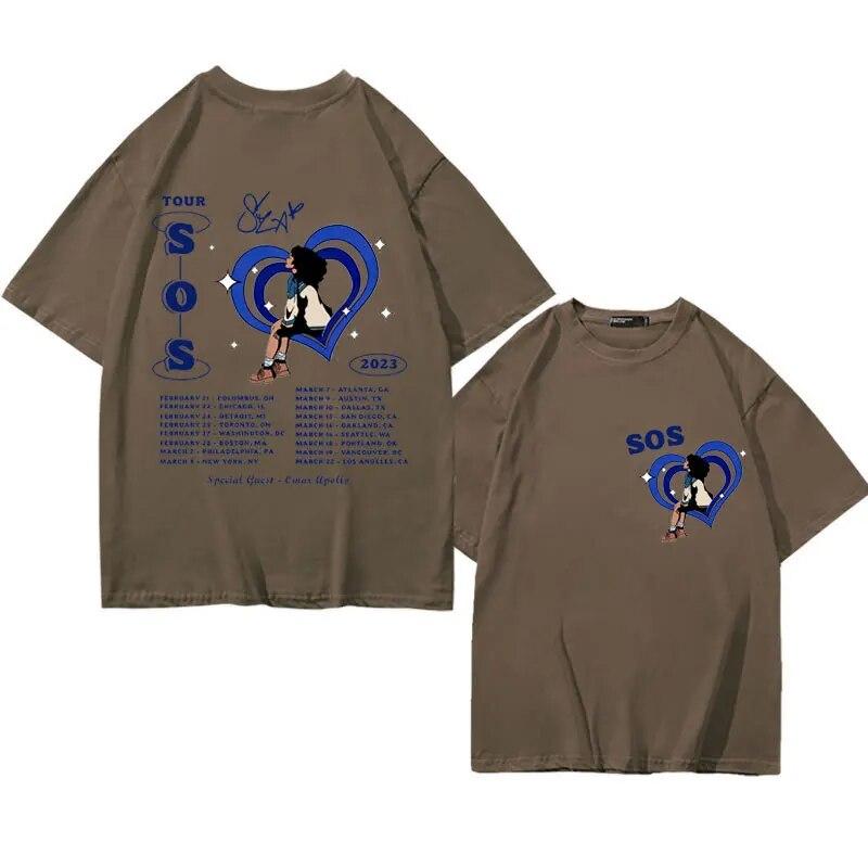 Singer SZA SOS Tour Print T-shirts Unisex Women Vintage Casual Pure Cotton T Shirt Summer The High Street Fashion Oversized T-shirt