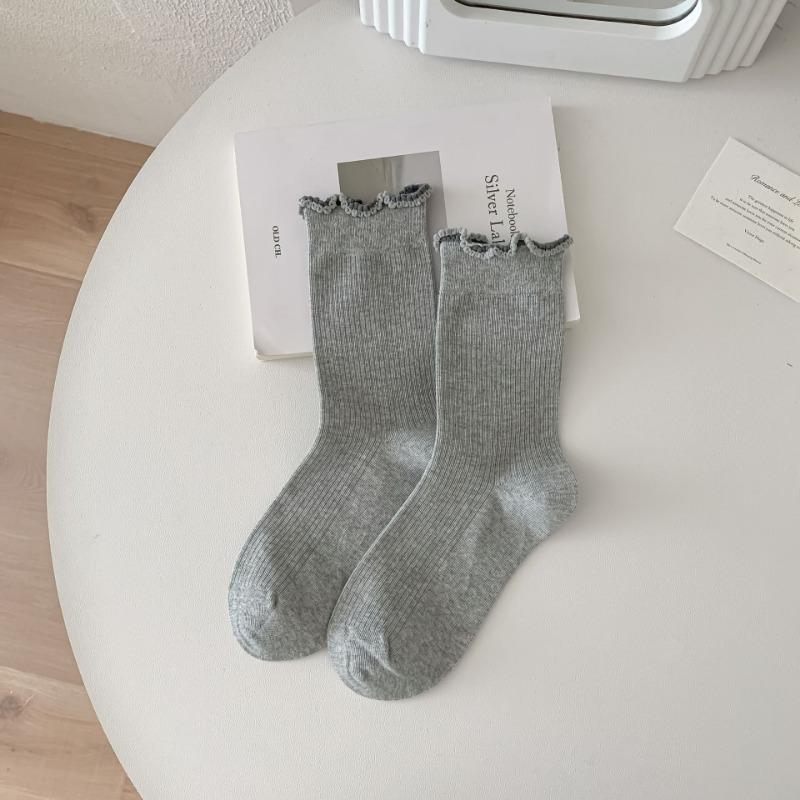 Boneless Lace Pile Socks, Color-blocking Black Ear-trimmed Mid-calf Socks, Sweet and Girlish Ballet Style