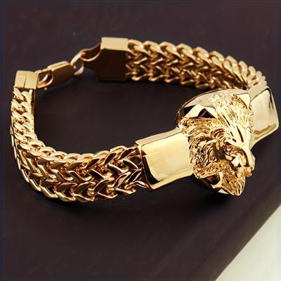 Men'S Stainless Steel Woven Chain Bracelet With A Striking Lion Pendant, A Hip-Hop Fashion Accessory.