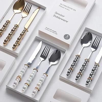 Stainless Steel Knife Fork Spoon 3/5 Pcs Dinnerware Set Light Luxury European Colorful Pearl Tableware Kit As Gifts Dropshipping