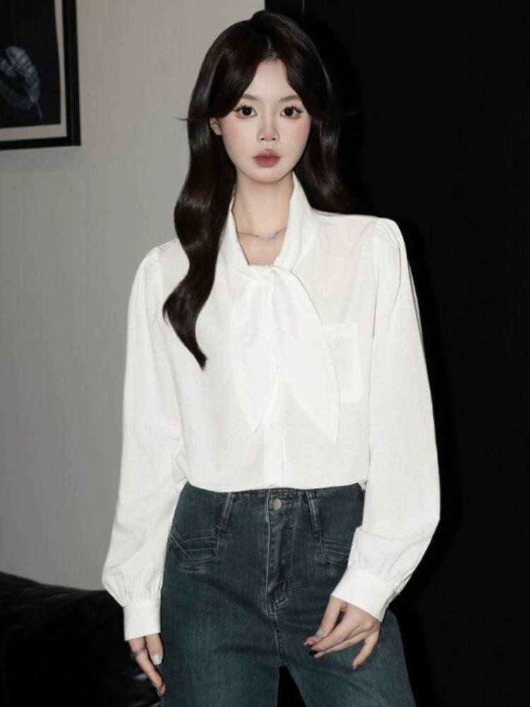 Chic French White Tie-Up Long Sleeve Women's Autumn Shirt - Casual Korean Style Loose Slimming Top