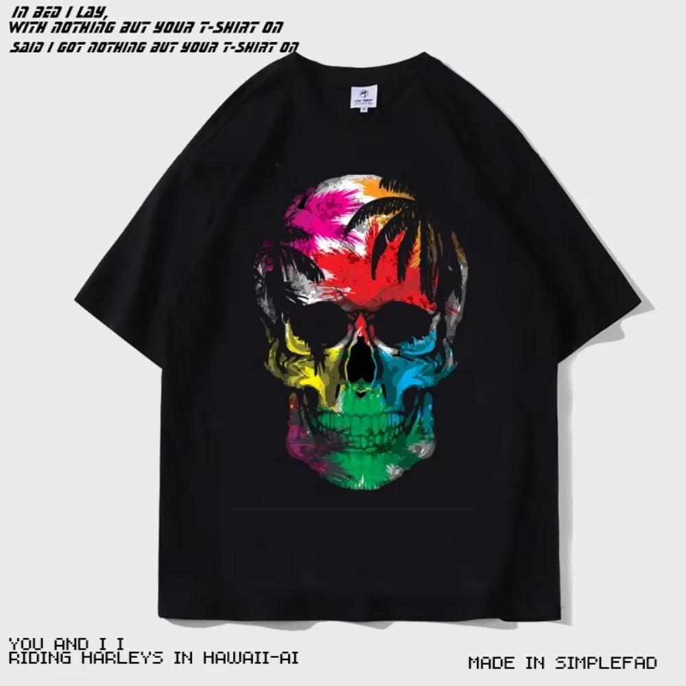 

Летняя модная тяжелая ретро мужская футболка с черепом из 100% хлопка с круглым вырезом и принтом, высокое качество, повседневная уличная футболка для фитнеса M чёрный