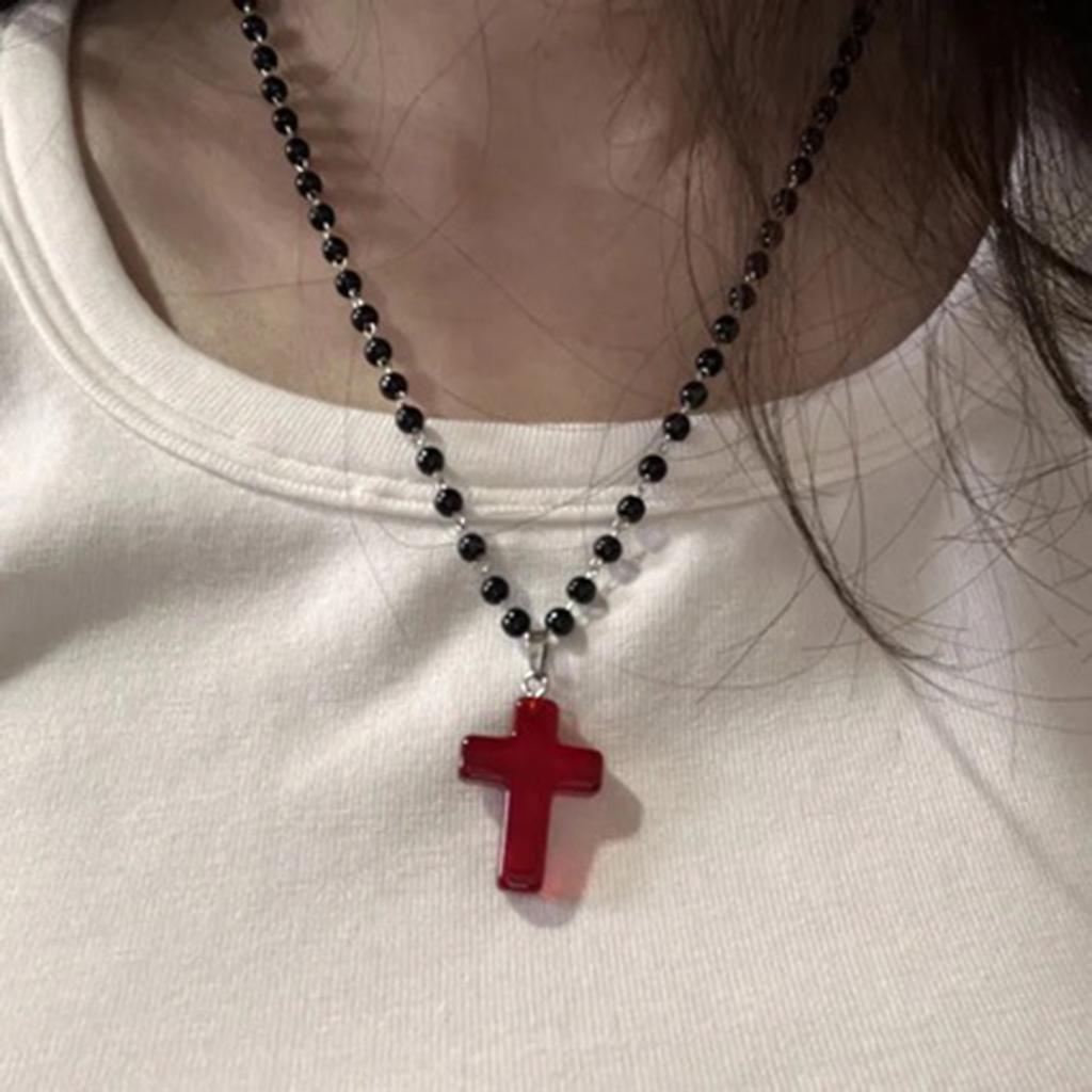 Gothic Pearl Beaded Choker Cross Pendant Necklace Punk Crucifix Neckchain Religious Clavicle Chain Party Accessory