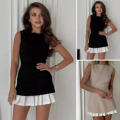 Γυναικείο καλοκαιρινό φόρεμα συνονθύλευμα πλισέ στρίφωμα αμάνικο ταιριαστό χρώμα O λαιμό λεπτή εφαρμογή πάνω από το μήκος του γόνατος