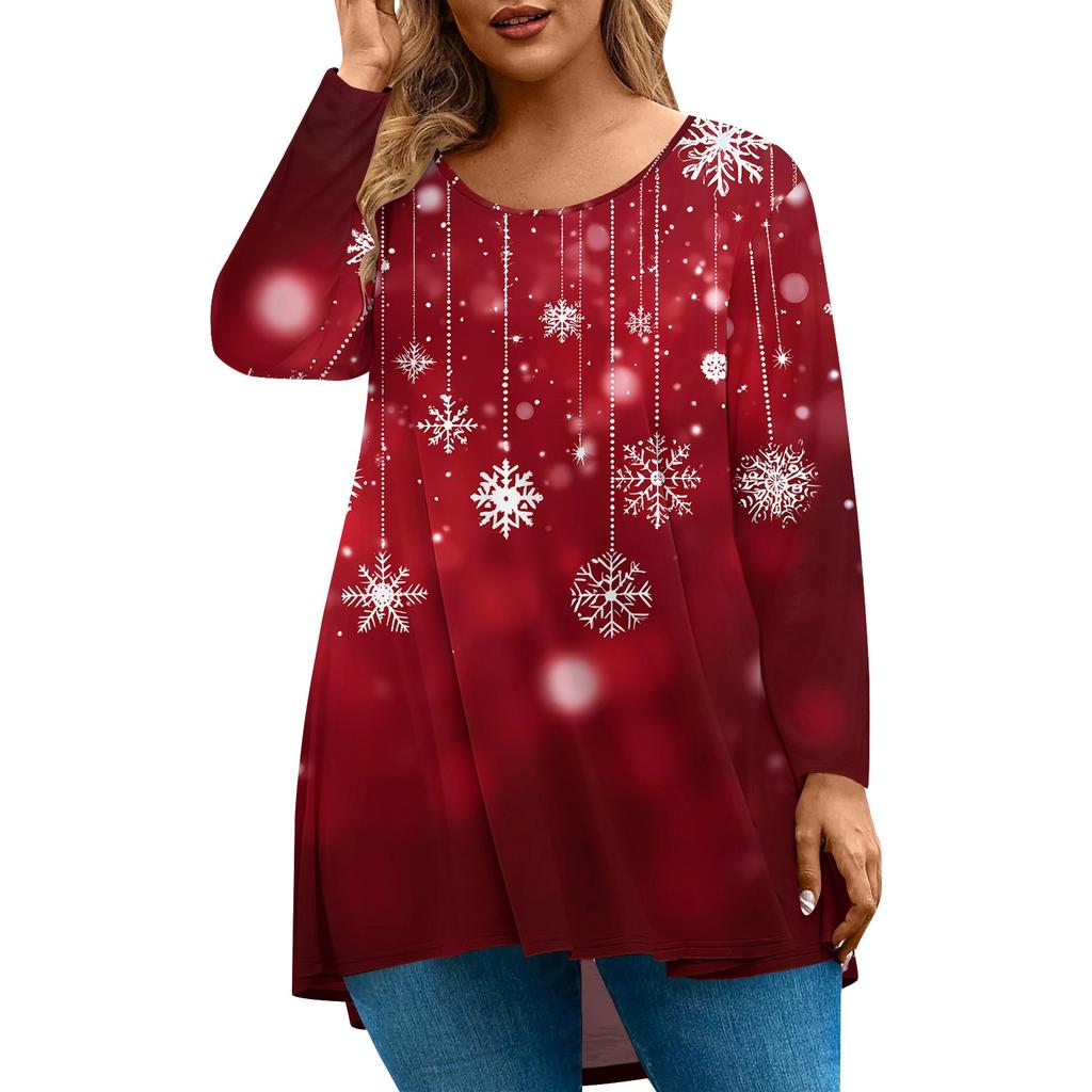 Women's Fashion Large Size Round Neck Long Sleeve Casual Christmas Print Loose Pullover Top
