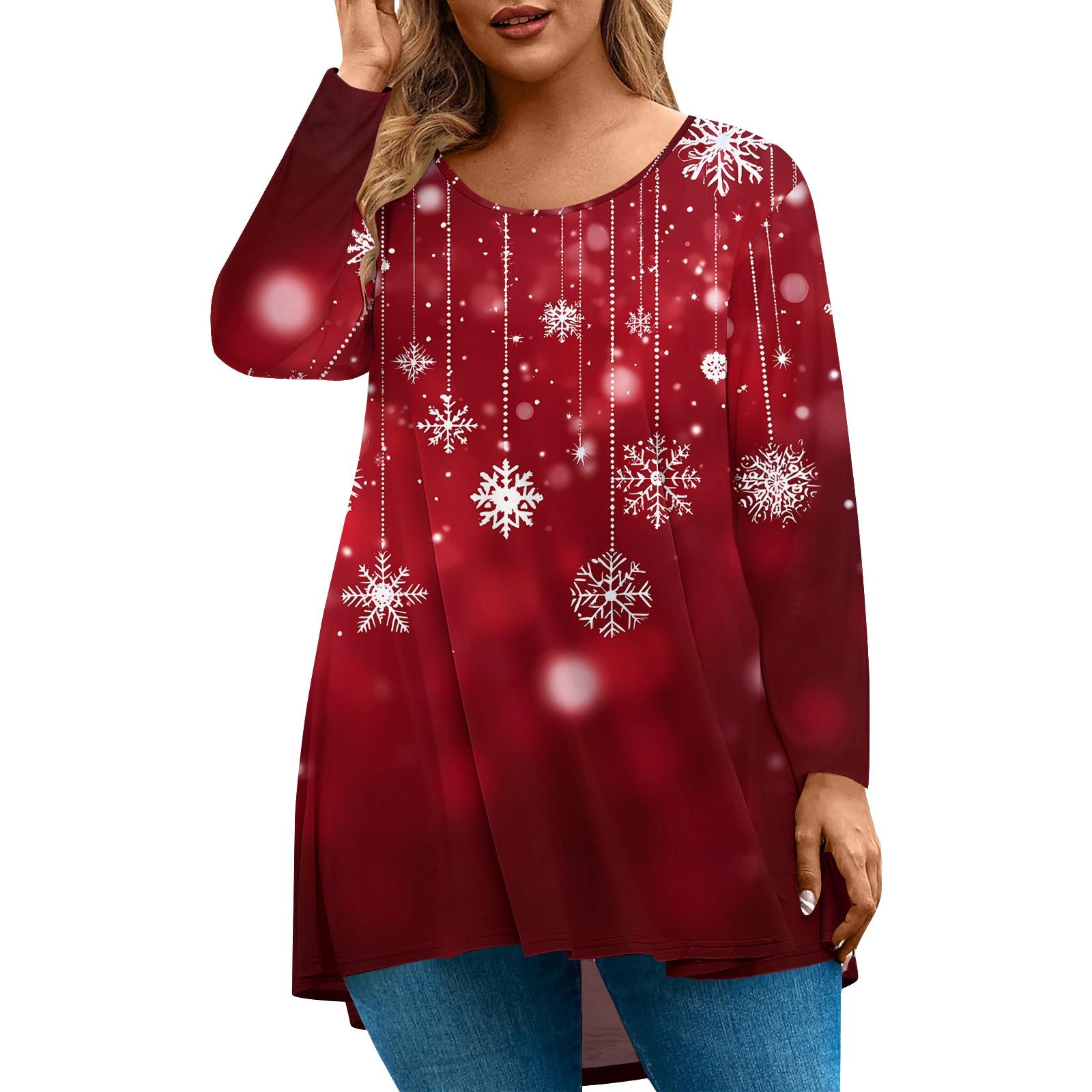 

Жіночий модний повсякденний вільний пуловер з різдвяним принтом великого розміру з круглим вирізом і довгими рукавами XXXXL винний