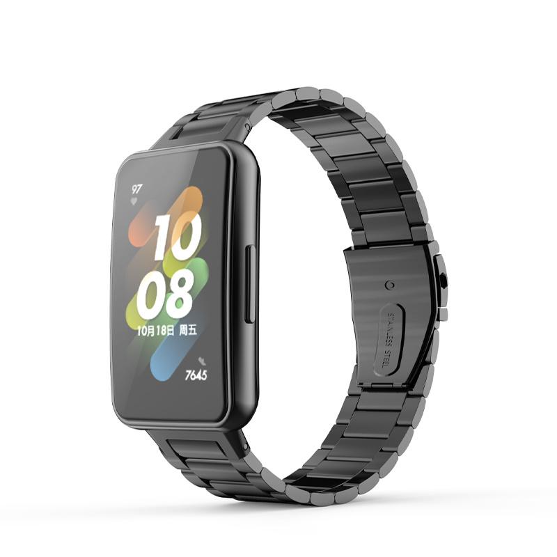 

For Huawei Band 7 Three Beads Stainless Steel Smart Watch Band Replacement Anti-wear Wrist Strap Black