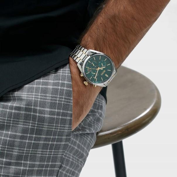 Hugo Boss 1513878 Men's Watch Silver/Gold Strap Green Dial 44 Mm + Box