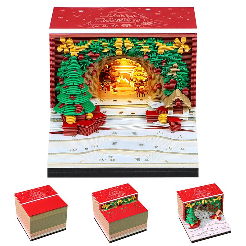 Time Piece Calendar 2026 Desk Calendar With Led Light 3D Tear-Away Calendar Paper Carving Art Memo Pad Notepad Gift Christmas