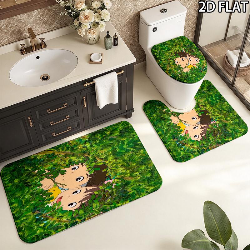 3pcs Ponyo2 Pattern Flannel Nonslip Absorbent Washable Decorative Bathroom Home Toilet Seat Cover Mat