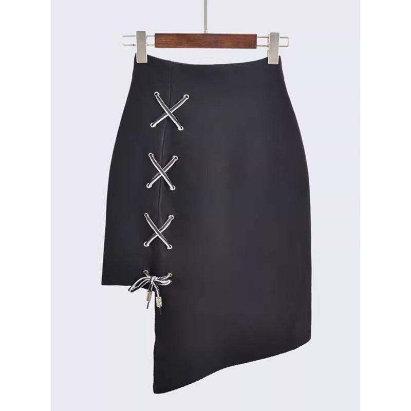 Irregular Design Spring & Fall Sexy High Waist Elastic Waist Midi Skirt Slim Looking Women's Lace-up Knitting Sheath Skirt