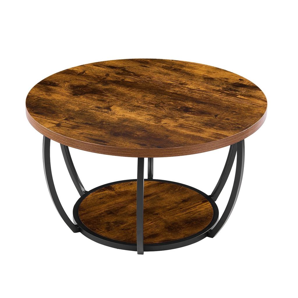 Coffee Table, Modern Round Coffee Table, 2 Tiers Wooden Circle Center Desk with Open Storage, Minimalist Sturdy Metal Frame Accent End Desk for Living