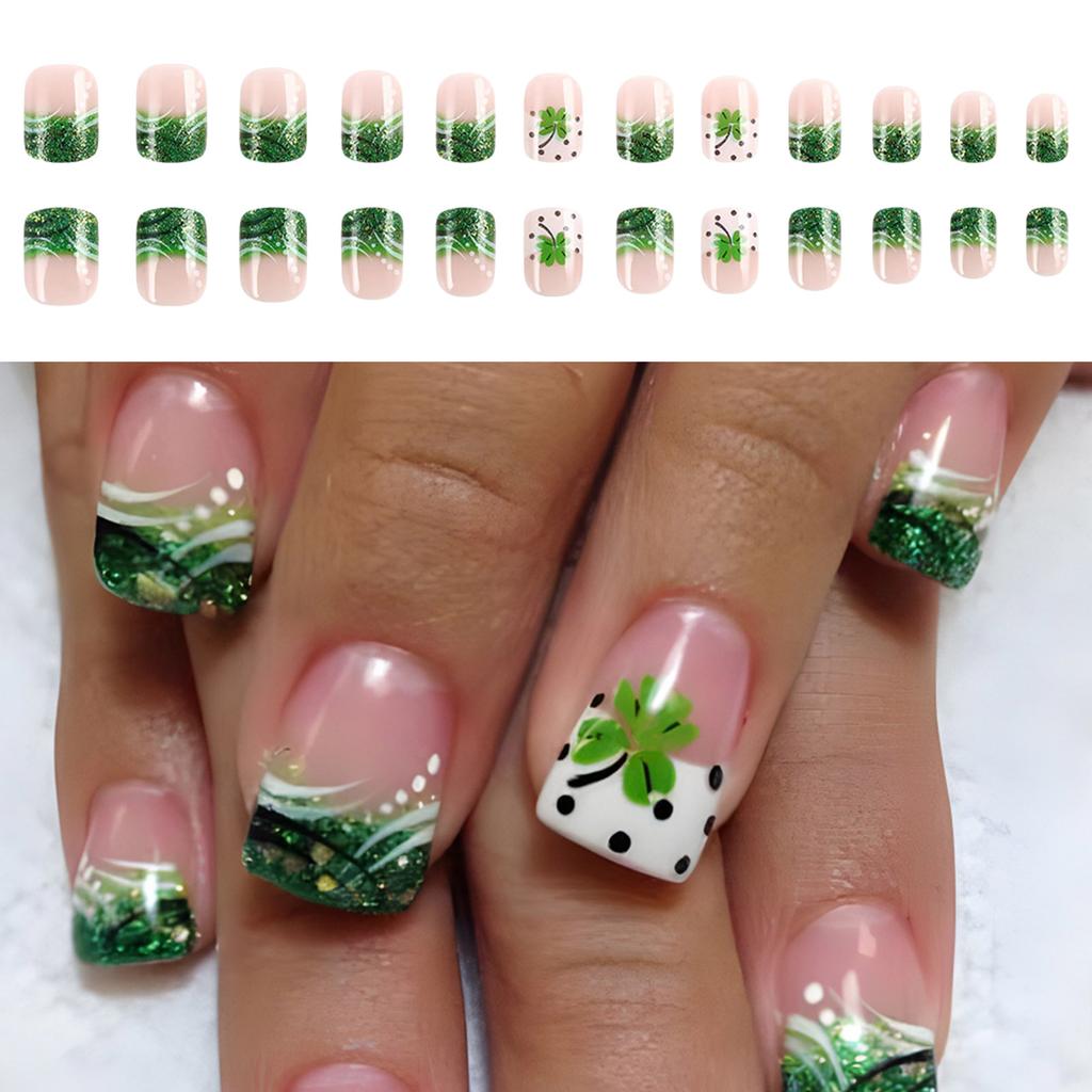 24 Pcs French Tip Press On Nail Short False Nail Shamrocks Stick On Nail Saint Patricks Day Acrylic Nail for Woman