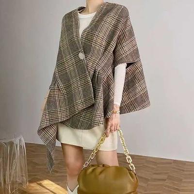 Korean Version Loose Retro Plaid Women's Clothing Autumn and Winter New Versatile Western Style Cape Coat Trend