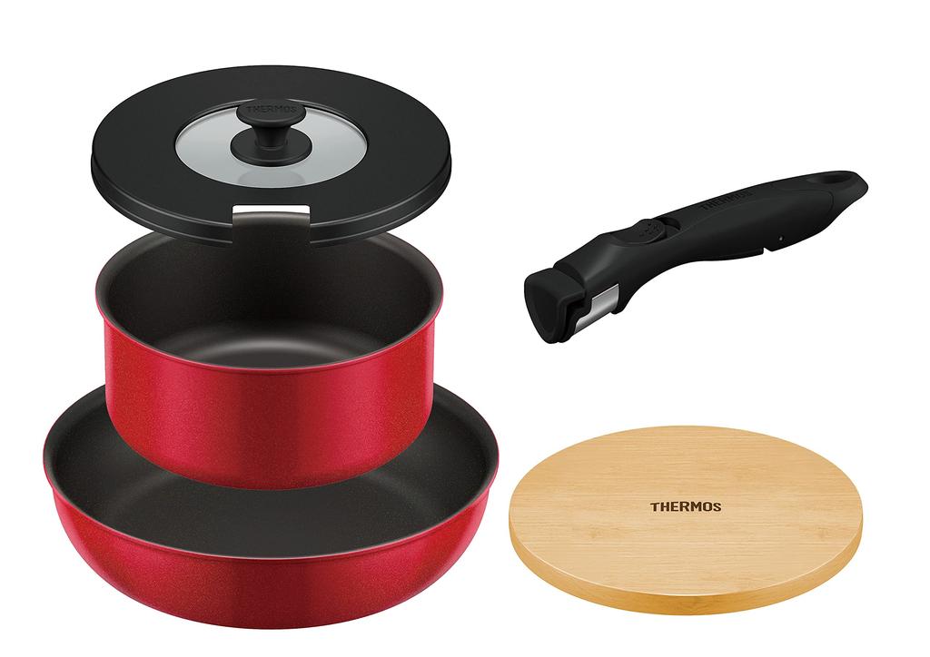 Thermos Durable Series 5-Piece Detachable Handle Frying Pan Set, AA, Red, Induction Compatible, KSA-5A R