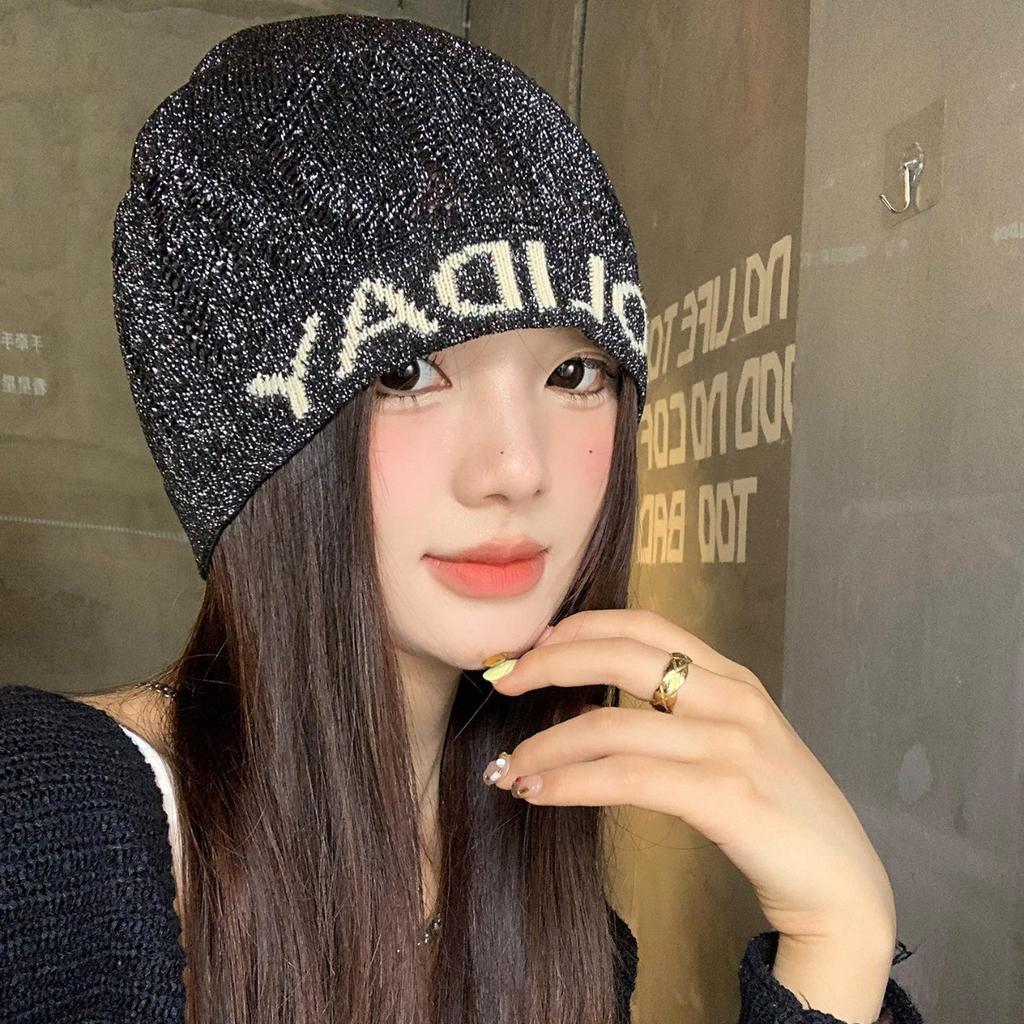 Korean Style Highlight Letters Black Knitted Baotou Hat for Women Showing Face Small Versatile Pile Hat Big Head Circumference Pullover Cold Hat