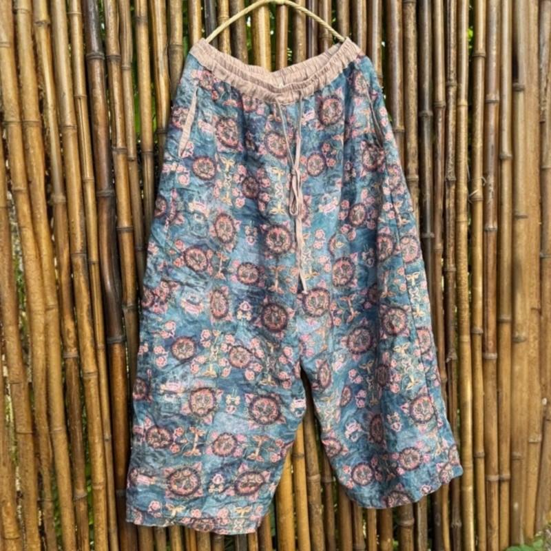 Johnature Women Vintage Wide Leg Pants Elastic Waist Pockets Autumn Loose Trousers Print Floral Belt Soft Pants
