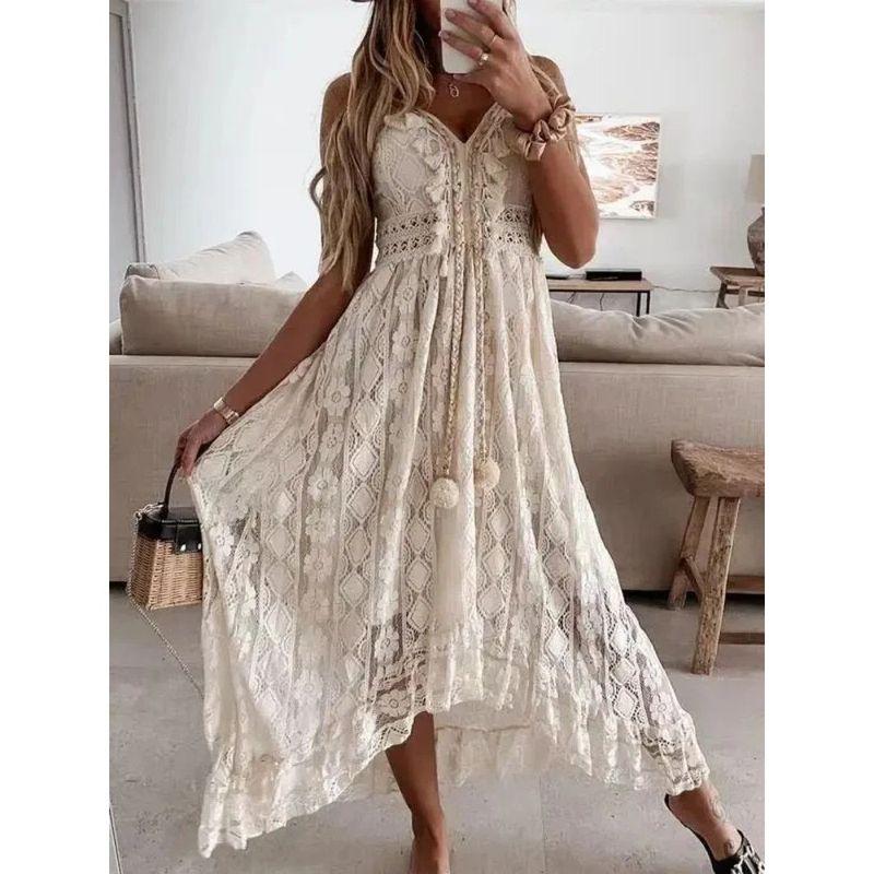 

Lace Suspension Solid Color Long Dress Lace Sling Solid Big Hemline Long dress Beige S