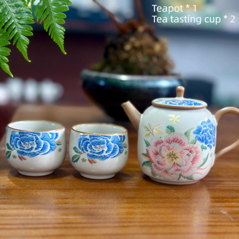 Chaozhou Embroidered Peony Teapot Chinese High-end Kung Fu Tea Set Household Lid Bowl Master's Tea Cup Tea Pot Underglaze Color