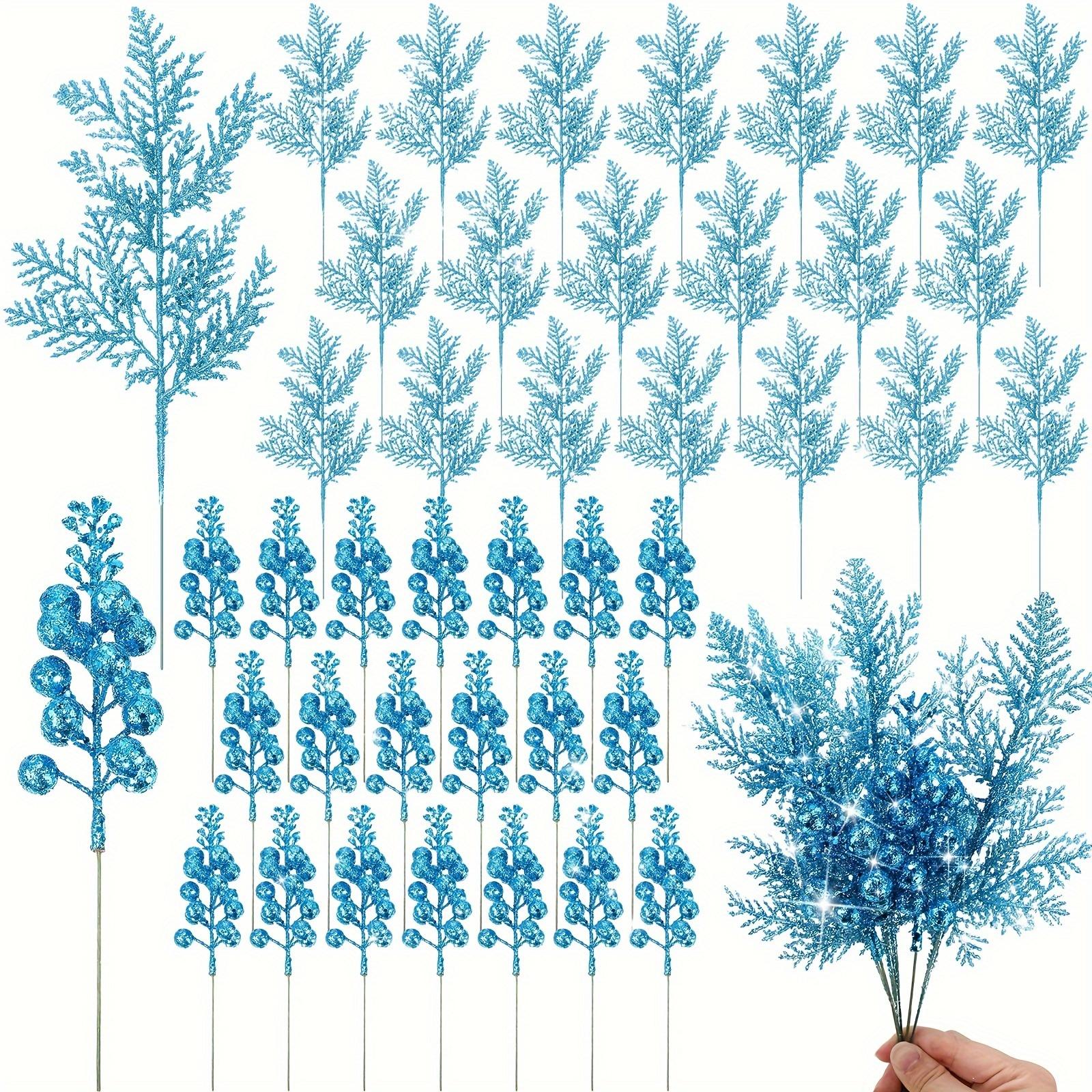 

Light Blue Glittering Artificial Pine Branches with Berries Foliage Pre Assembled Elegant Tree Decorations with Sturdy Stems, Durable Plastic Indoor/O 5PCS светло-синий