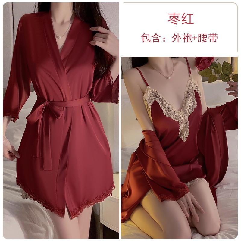 Women's Lace Push Up Padded Backless Cami Sleep Dress with Tie Robe Lounge Set