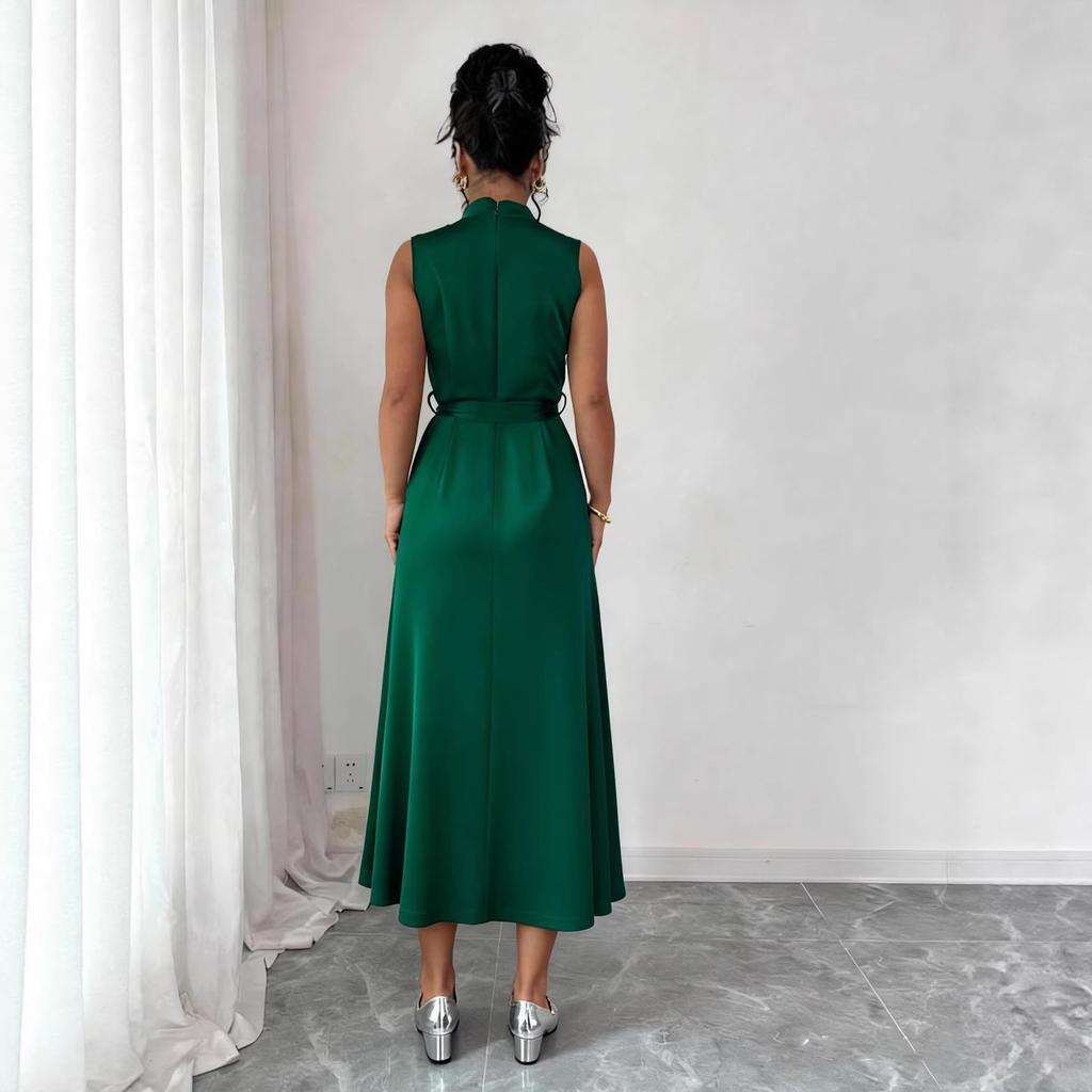 European and American women's elegant and fashionable sleeveless strap dress, casual belt design women's dress