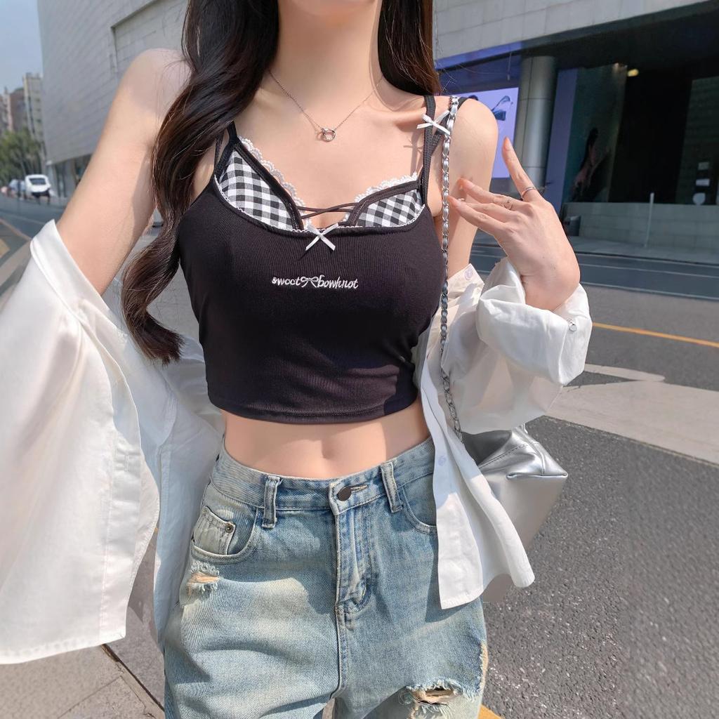 #Human cotton vitality dopamine plaid cross bra sling vest pure desire babes fake two small tops women