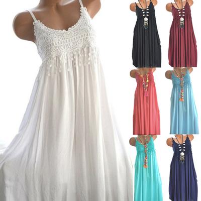 Summer Beach Plus Size Women Crocheted Lace Solid Color Sleeveless Maxi Dress