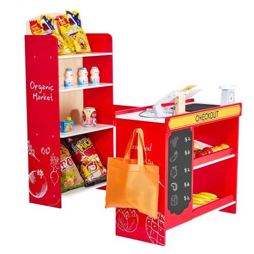 VEVOR Kids Grocery Store Playset, Wooden Play Store with Shopping Bag, Kids Supermarket Pretend Play Toy Set with Conveyor Belt, Scanner