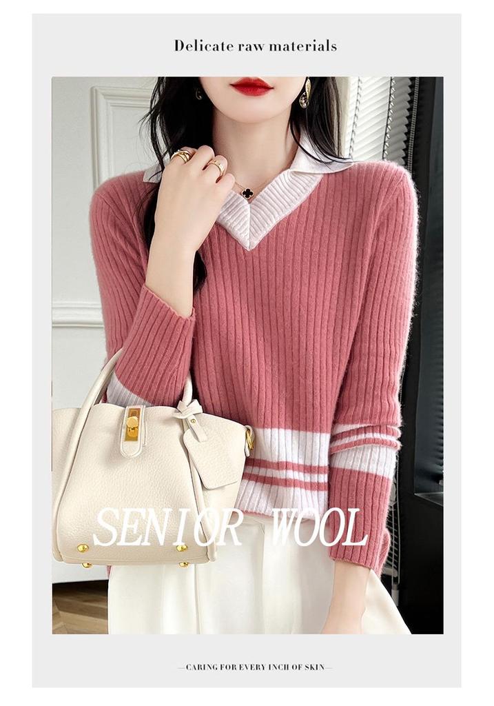 Women's College-Style V-Neck Striped Wool Knit Sweater for Autumn and Winter