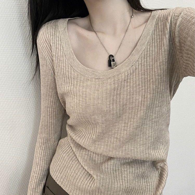 

Женский осенне-зимний однотонный вязаный топ с длинным рукавом и низким вырезом One Size хаки