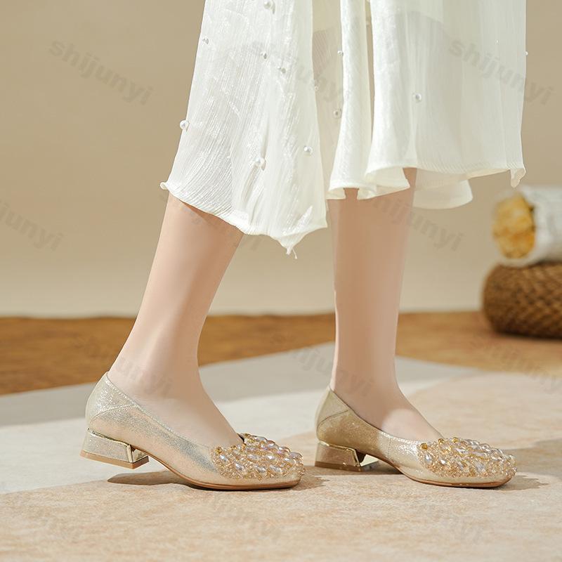 Fashion French Rhinestone Square Toed Single Shoes for Women Spring 2025 New Shallow Mouth Shiny Slip on Comfortable Lightweight Pumps