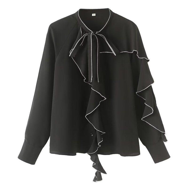 Fashion Style 2024 Fall and Winter New Women's Clothing Stylish Contrast Color Detail Laminated Decoration Shirt 9015309