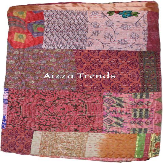 Aizza Trends Handmade Pure Cotton Patch and Patola Work Kantha Quilt - Traditional Indian Throw Blanket-Vintage Cotton Silk Saree Quilt