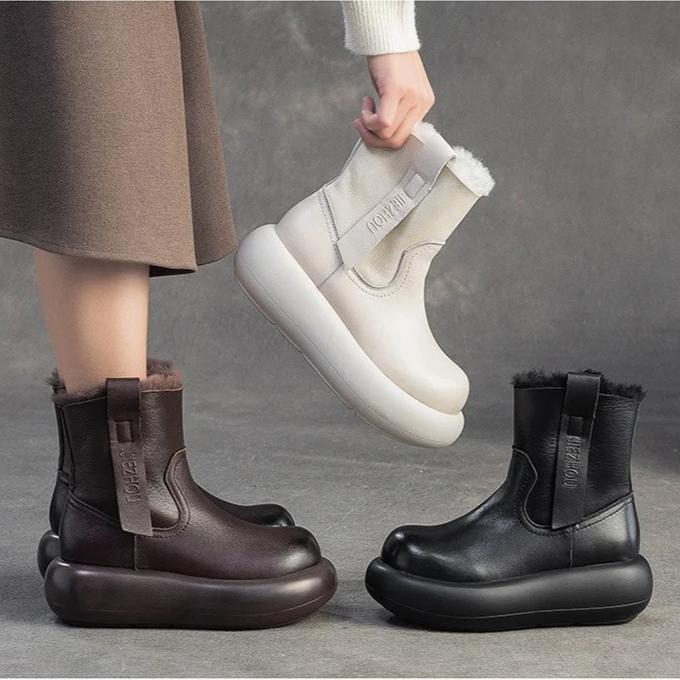 Johnature Retro Warm Side Zipper Thick Soled Women's Short Boots Genuine Leather Wool Snow Boots