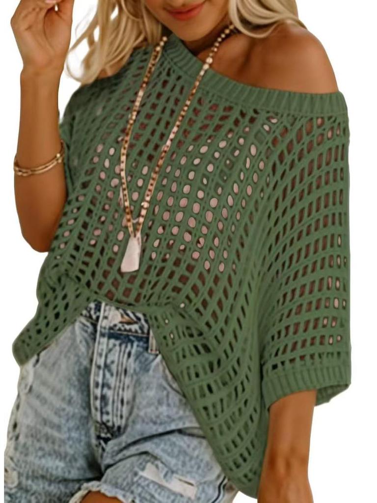 European & American 2026 Summer Mesh Hollowed-Out Five-Sleeve Beach Cover-up Sunscreen.
