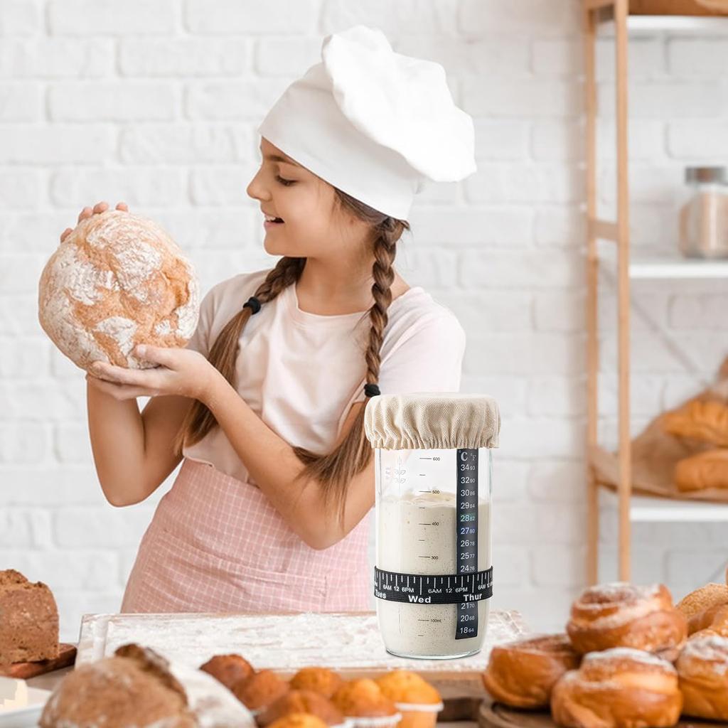 24oz Sourdough Starter Jar with Date-marked Feeding Band, Thermometer, Cloth Cover & Metal Lid. Ideal for Sourdough Bread Baking
