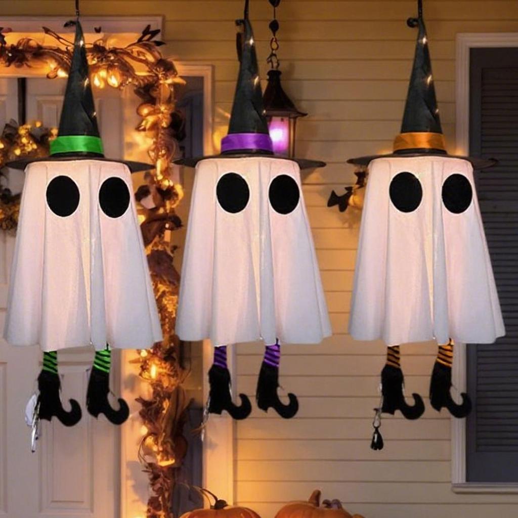 Halloween Decorations 3pcs Outdoor Hanging Luminous Ghost Witch Hat LED Light String Halloween Ghost Courtyard Garden Tree Decor