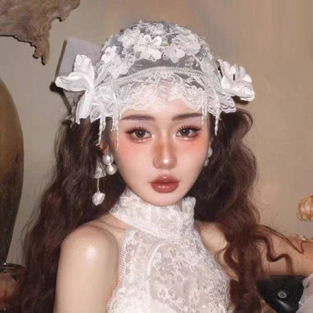 White Bride Headdress Lace Floral Wedding Headwear Romantic Bridal Hat  Banquet