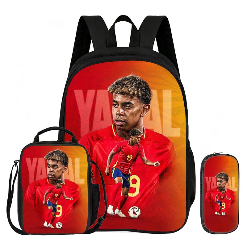 Football Sport Backpack with Lunch Bag Pencil Bags 3Pcs Set L-Lamin Yamal School Backpack Bookbag Football Star Knapsack