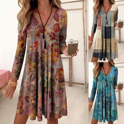 Women's Fashion Summer Spring Floral Print Long Sleeve V-Neck Casual Dresses