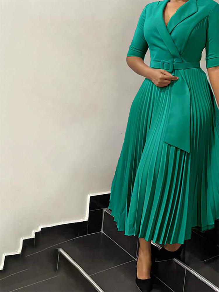 

Women s Plus Size OL Fashion Suit Collar Pleated Waist Dress S