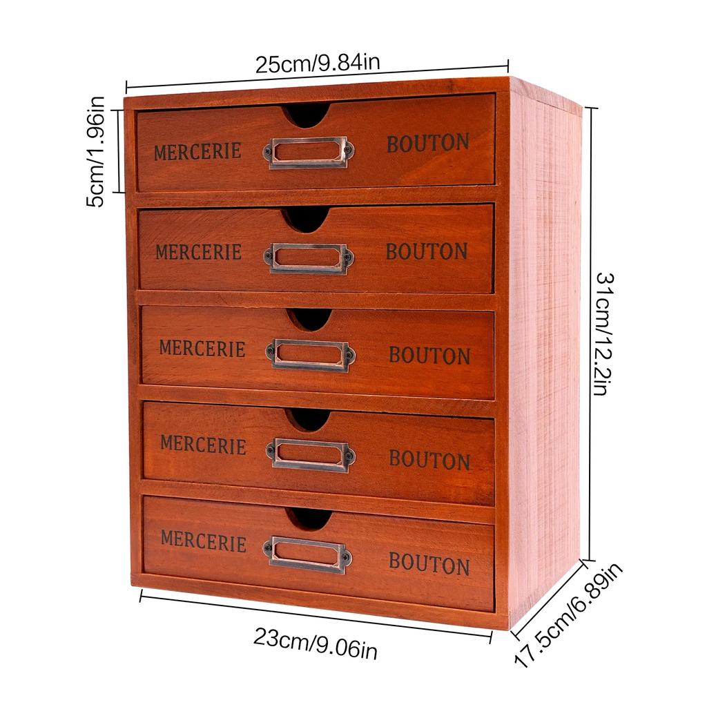 Vintage Wooden Desk Organizer with 5 Drawers, Stackable Library Card Catalog Apothecary Cabinet w/Label Slots for Home Office