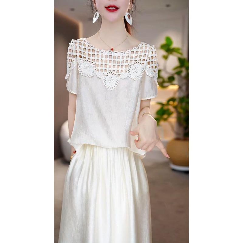 Summer Two Piece Set Lace Hollow Out Top and Skirt Fashionable Outfit Unique Design