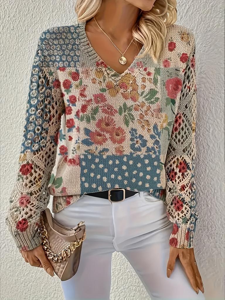 Neues bedrucktes V-Ausschnitt-Oberteil Damen beliebter Pullover Langarm Frühling und Herbst Pullover