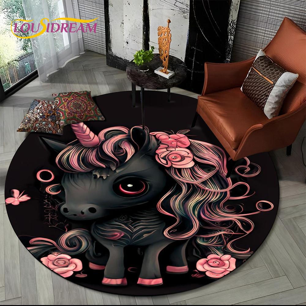 3D Cute Unicorn Cartoon Girl Gift Round Carpet Rug for Living Room Bedroom Child Playroom Decor,Pet Area Rug Non-slip Floor Mat