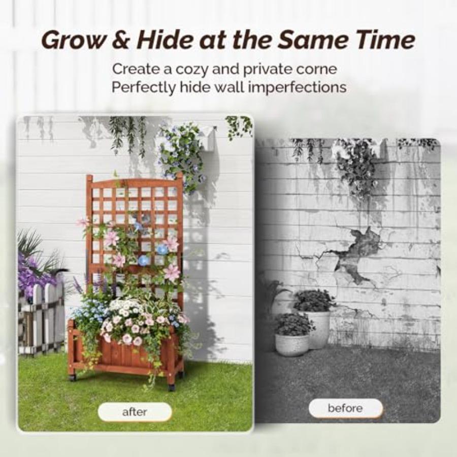 50 Height Wooden Planter with Trellis and Wheels for Garden Patio Balcony Free-Standing Elevated Planter Box with Drainage Hole
