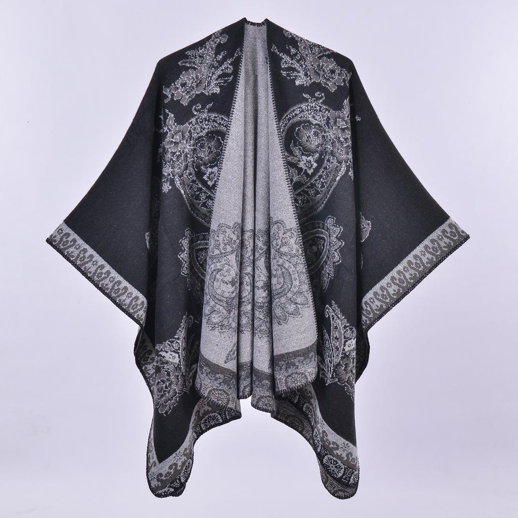 Foreign Trade Fashion Slit Imitation Cashmere Scarf Shawl European American Retro Cashew Flower Fork Warm Cloak Jacket