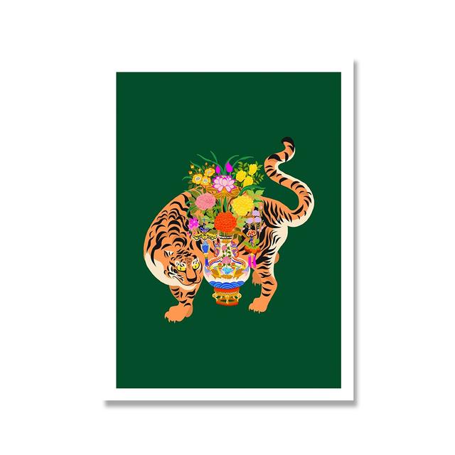 Moldura de madeira sólida Bagua Tigers Green Art Prints Animais Pintura em tela Boa sorte Tigre Pôsteres Quiromancia Cartomante Imagens de parede Decoração para casa